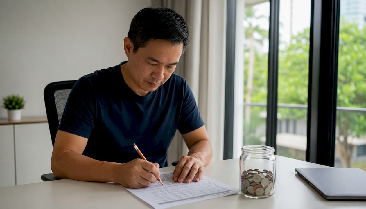 Hands marking rental income ledger on desk