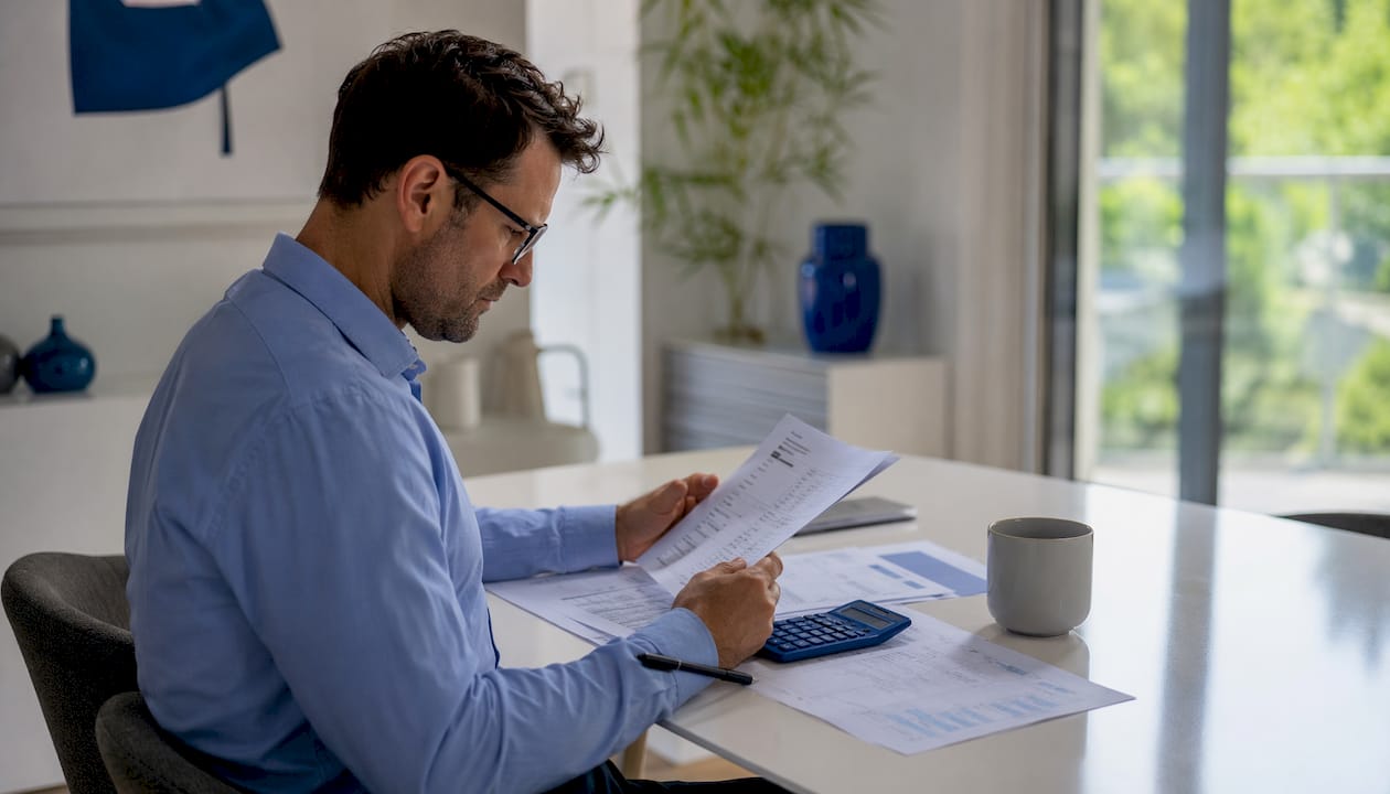 Planner’s hands arranging tax documents with calculator