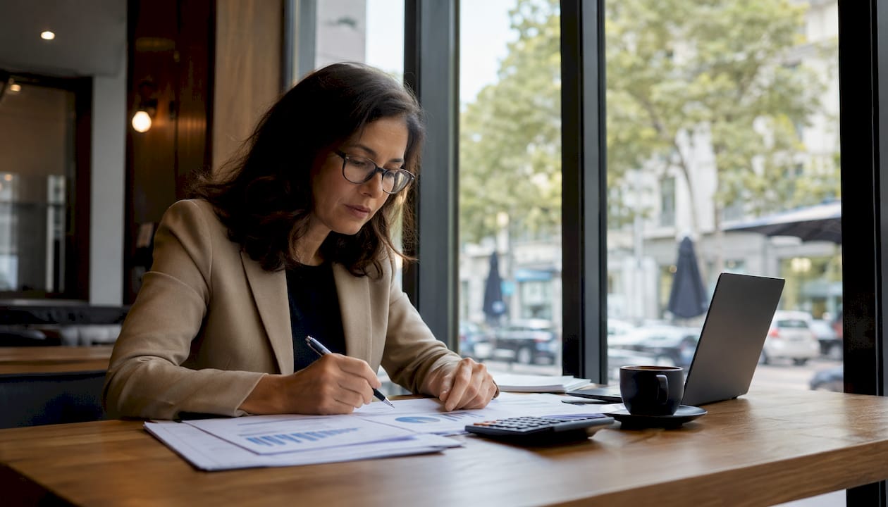 Professional woman reviewing investment documents