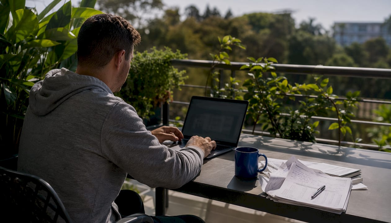 Man analyzing rentvesting cashflow model at laptop
