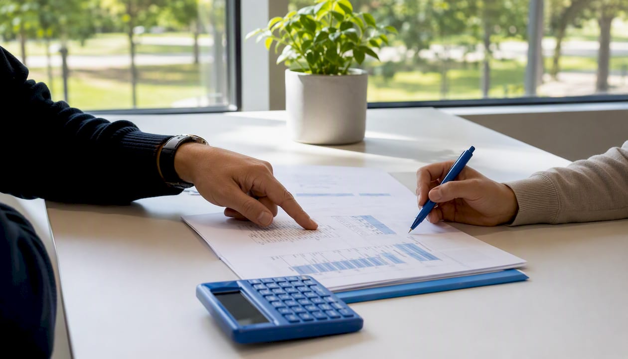 Hands collaborating on financial planning documents