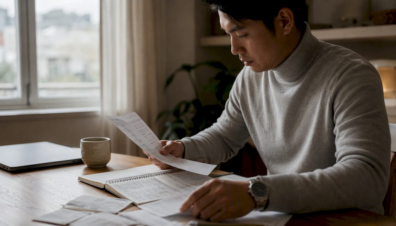 Hands organizing rental property tax documents in kitchen