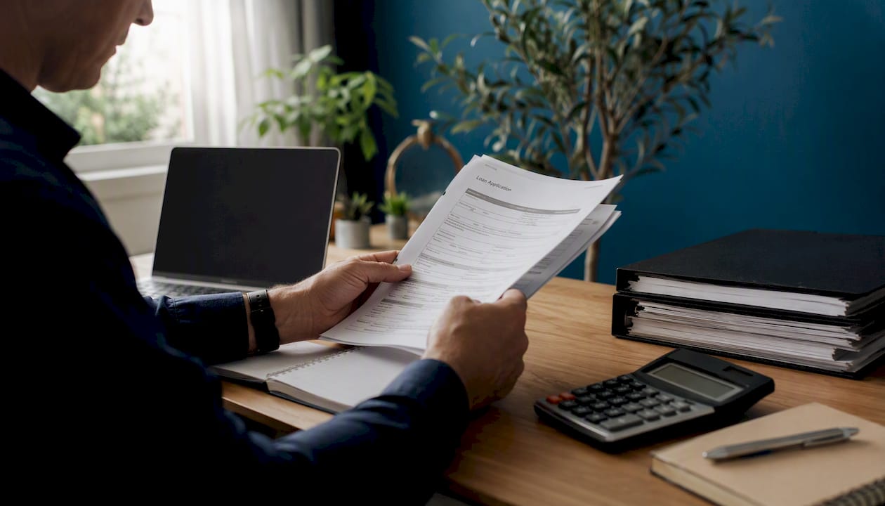 Hands typing next to loan application documents