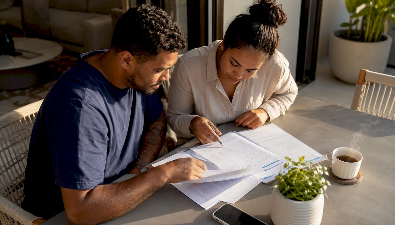 Couple reviewing health insurance tax papers at kitchen
