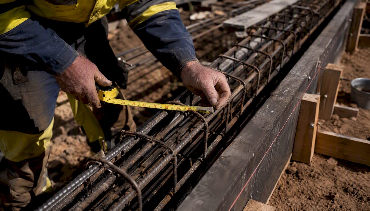 Construction worker measuring rebar at site