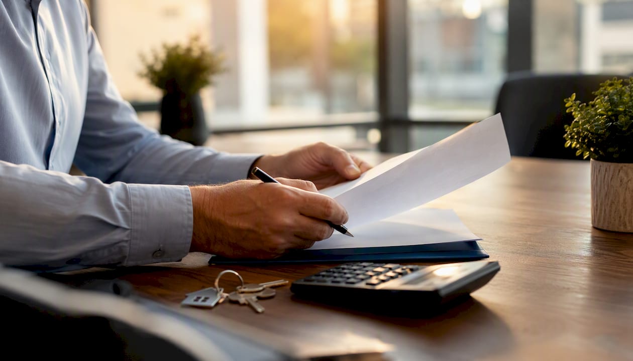Broker's hands pointing at contract folder and house keys