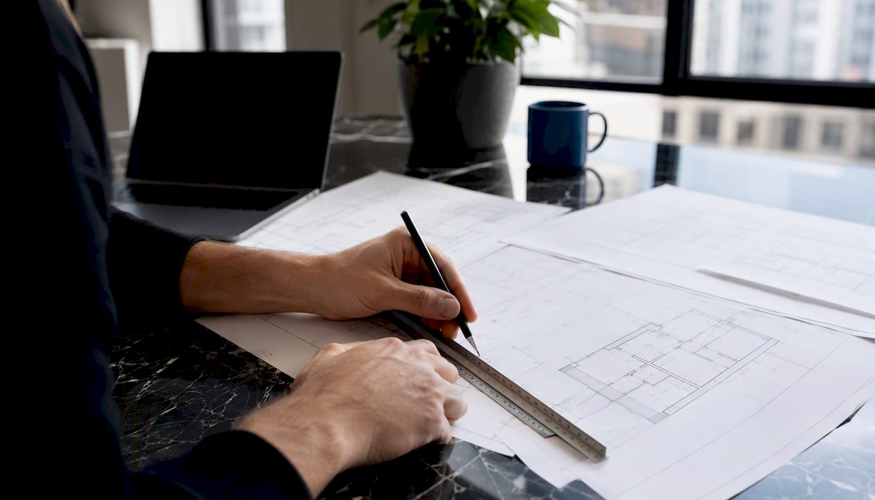 Hands measuring architectural plans and approvals
