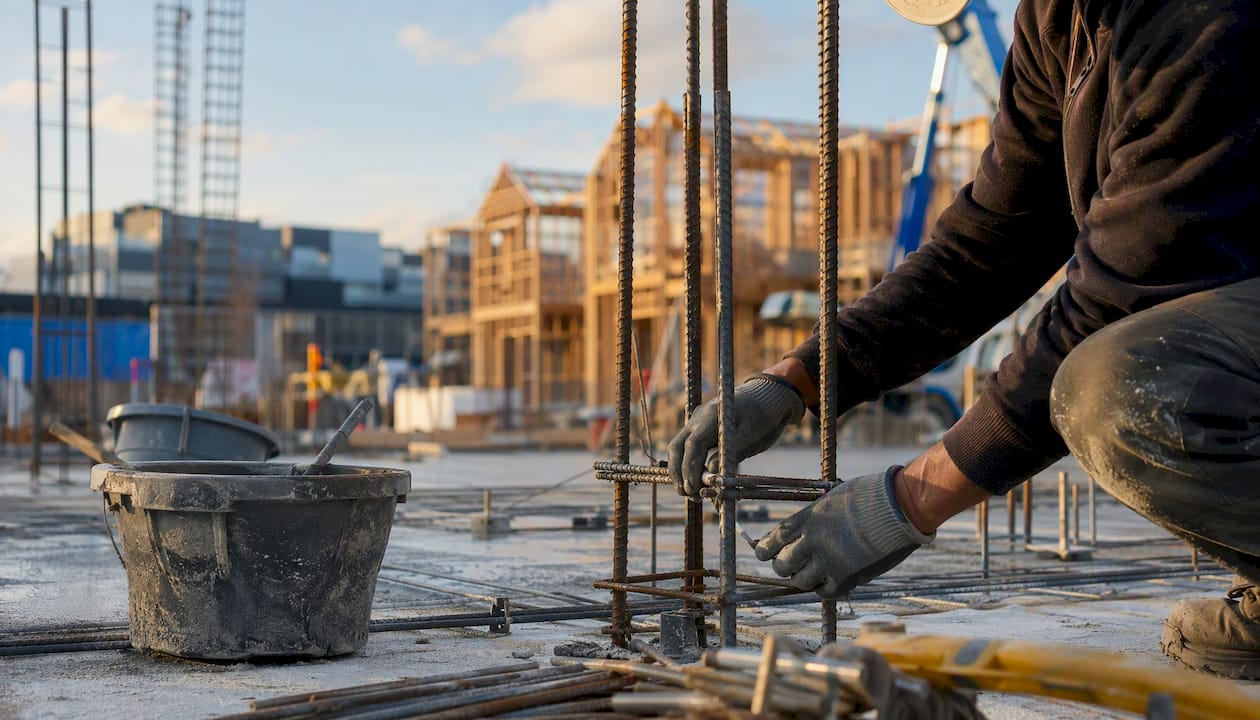 Construction site foundation work with hands adjusting rebar