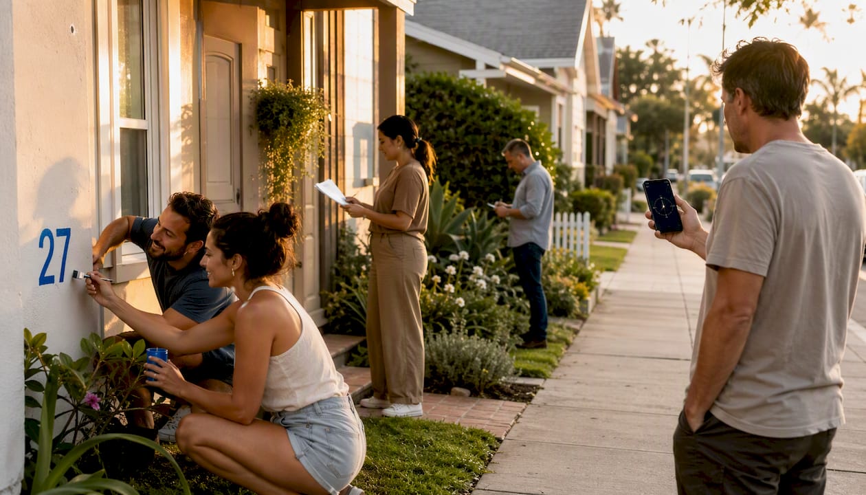 People performing housing market manual actions outdoors