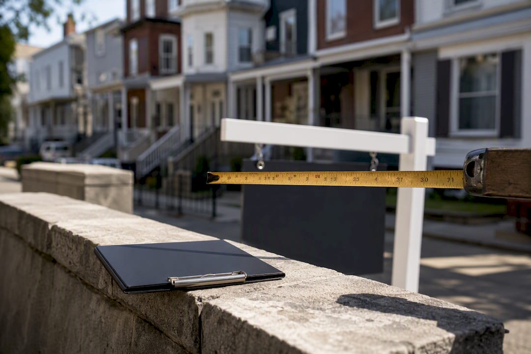Measuring tape and clipboard in residential area