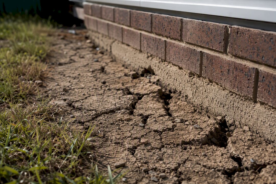 Dry cracked soil near house foundation