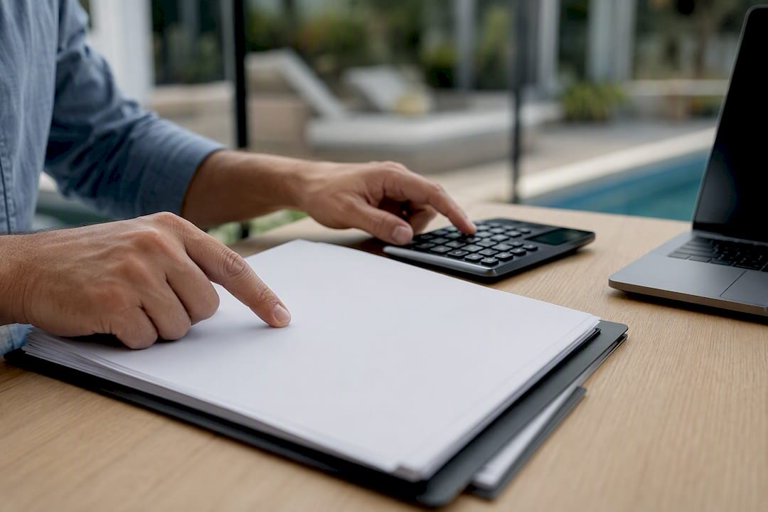 Hands pointing at contract pages with calculator