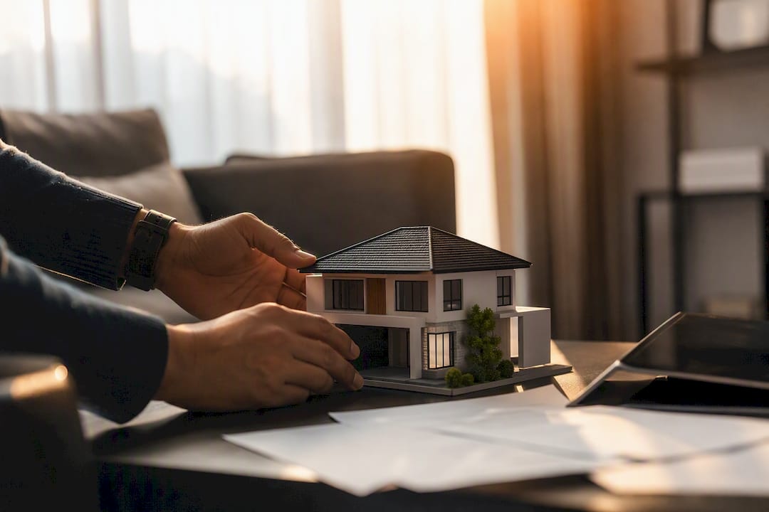 Hands adjusting house model on desk