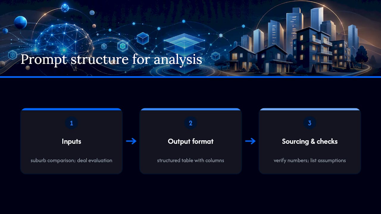 Flow from property inputs to verified analysis