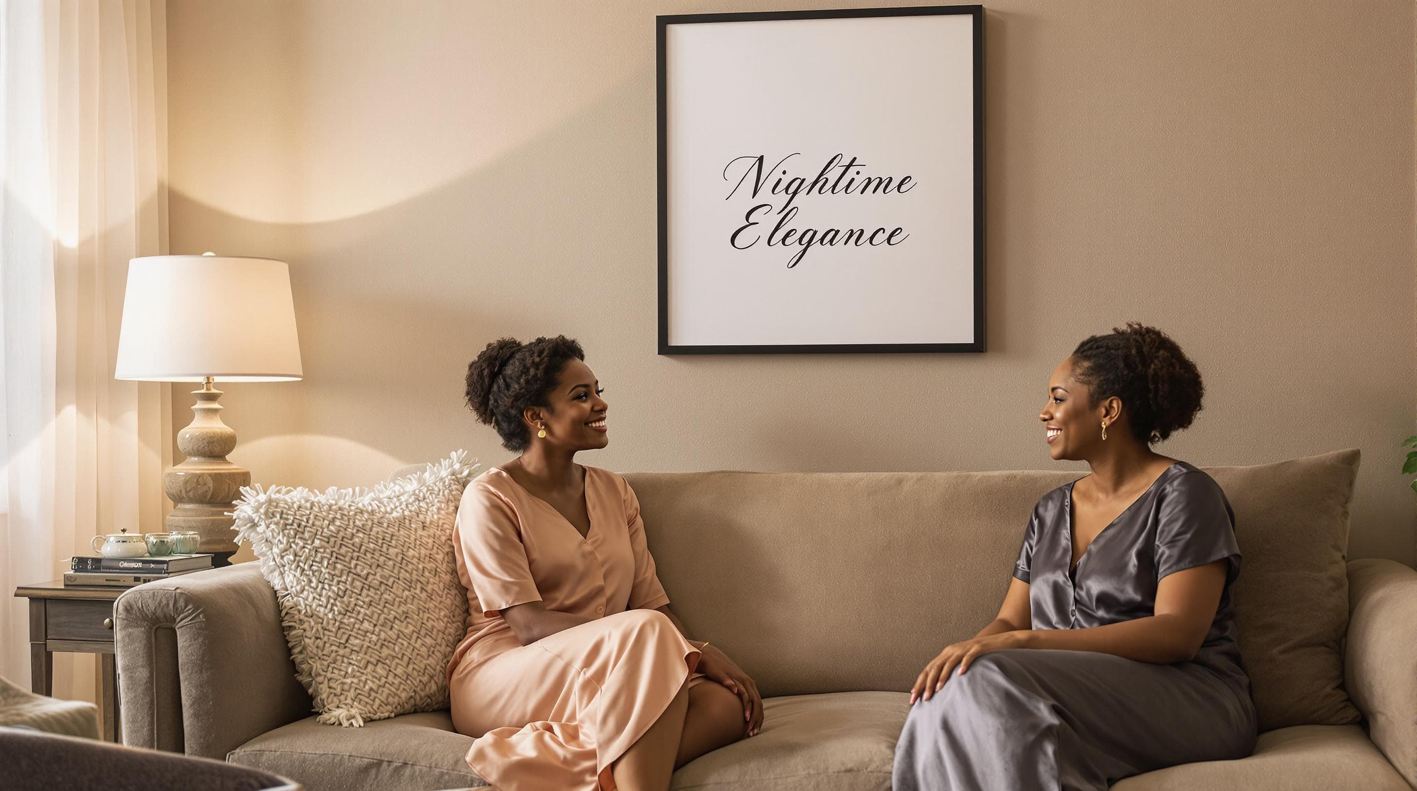 Women in elegant nightgowns chatting in a stylish living room