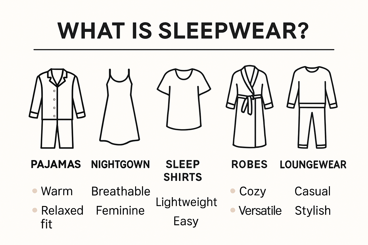 Infographic showing types of sleepwear and their features.