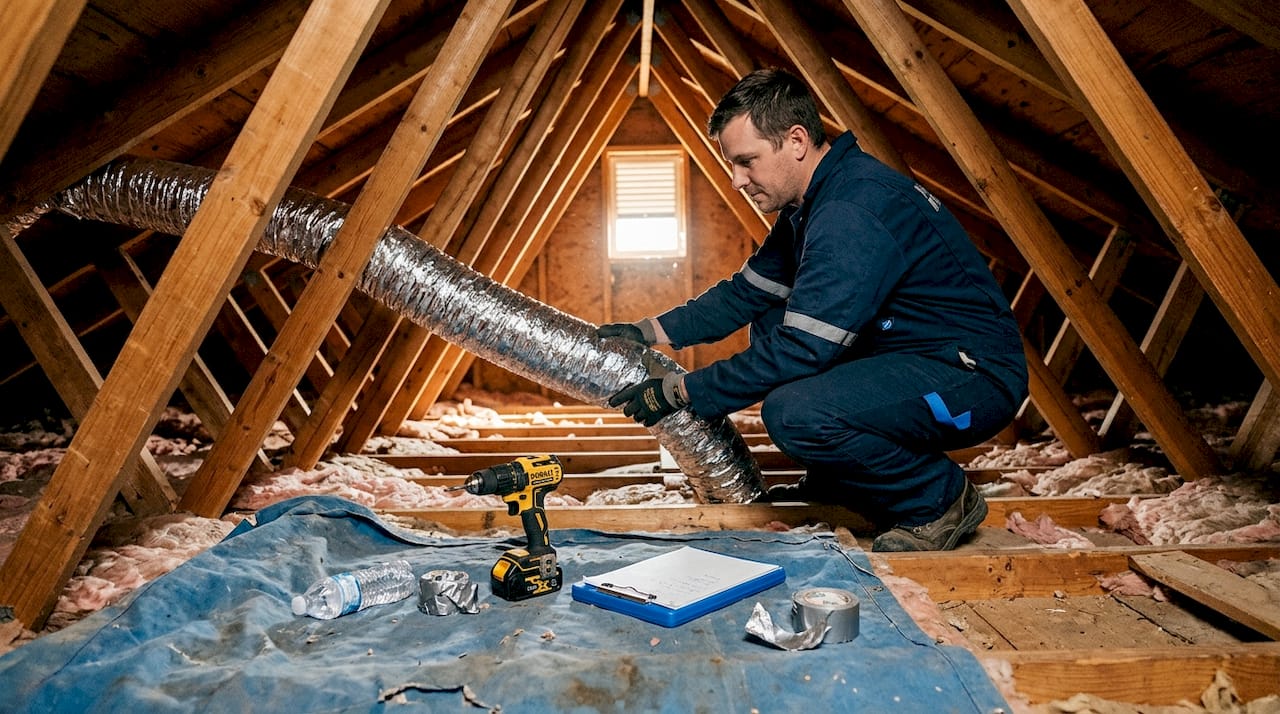 HVAC tech installing ducts in attic space