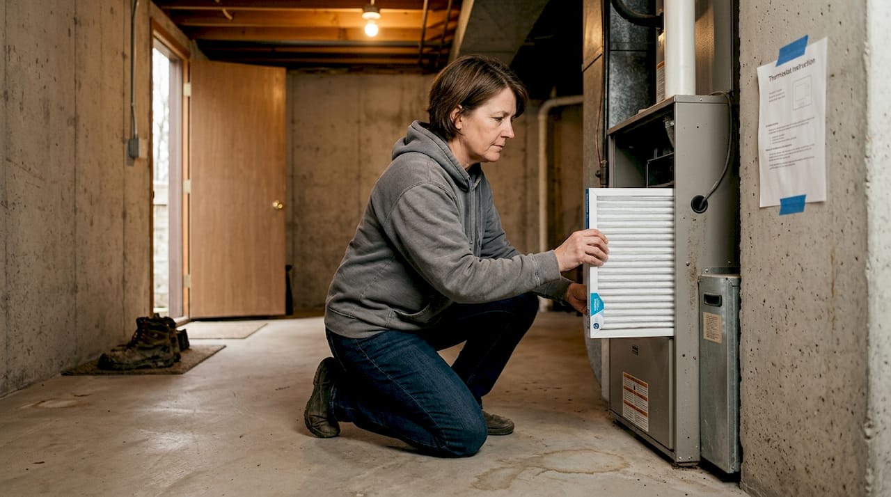 Homeowner replacing furnace filter in basement