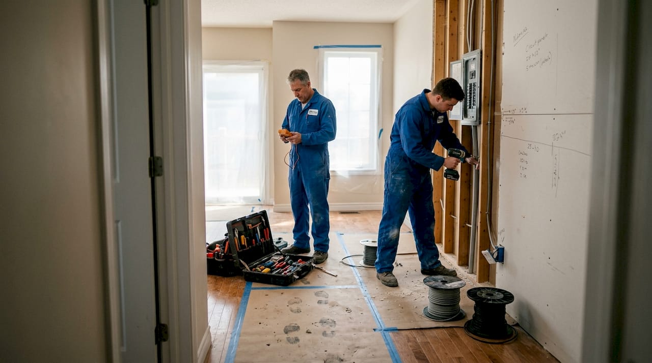 Electricians installing new wiring during renovation