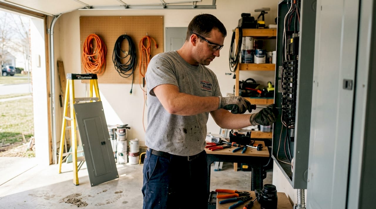 Electrician installing surge protector main panel