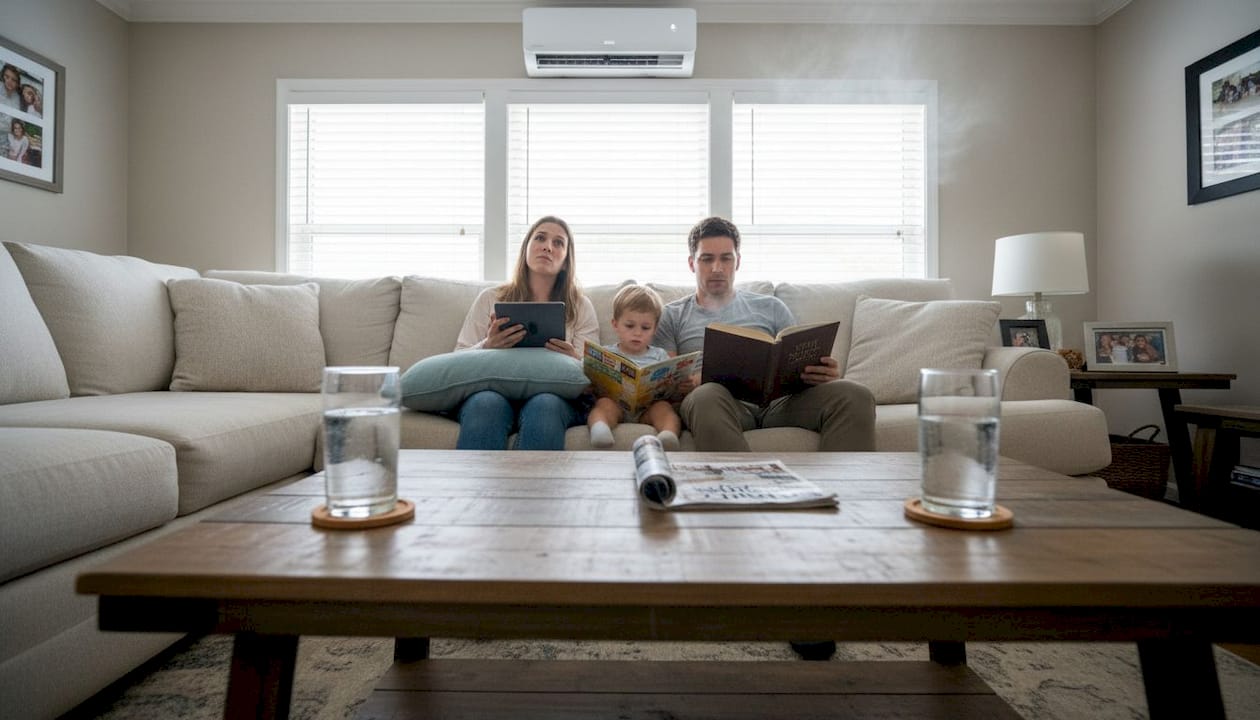 Family in living room with oversized HVAC airflow