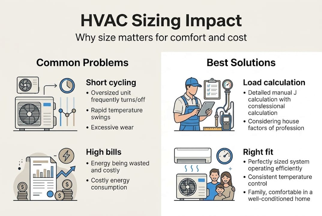 Infographic showing HVAC sizing problems and solutions