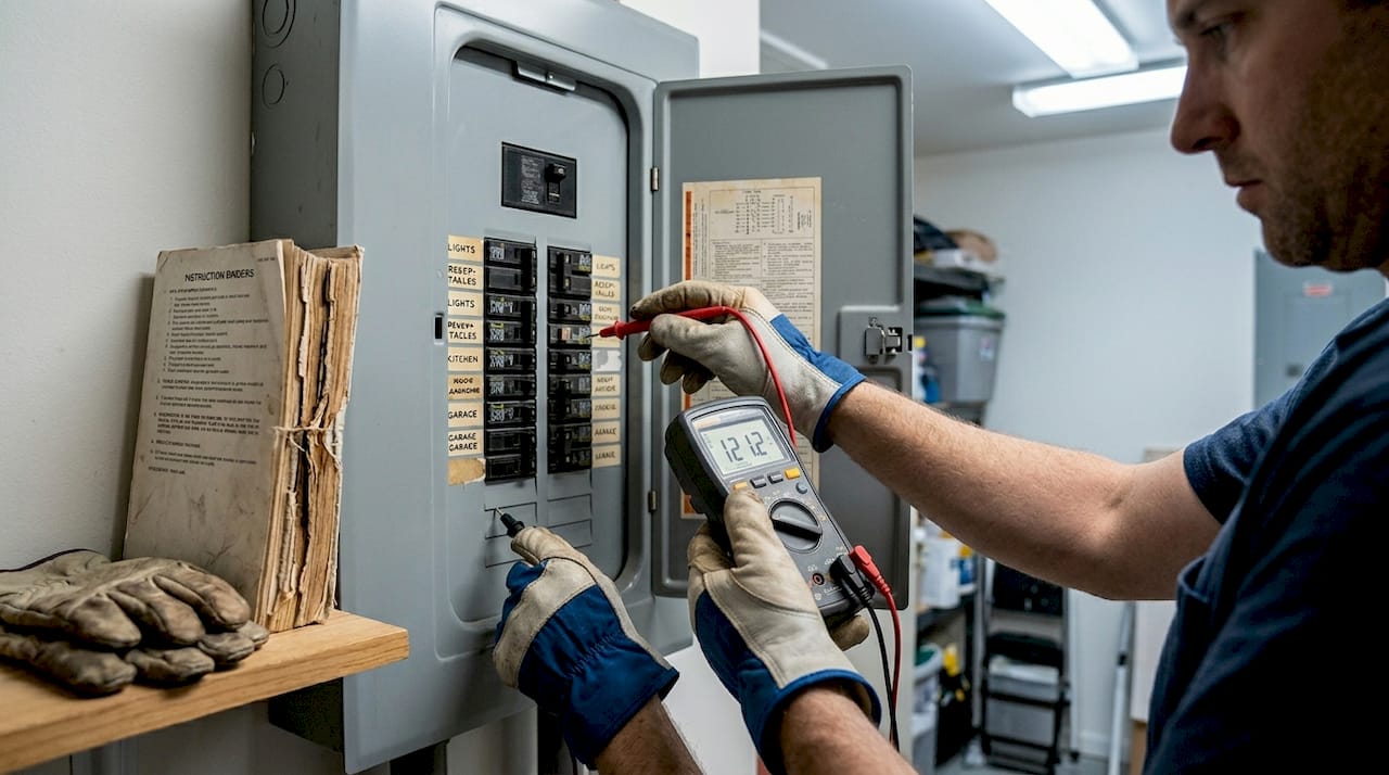 Identify and Solve Common Electrical Repairs: A Guide 1 Electrician using multimeter on breaker panel