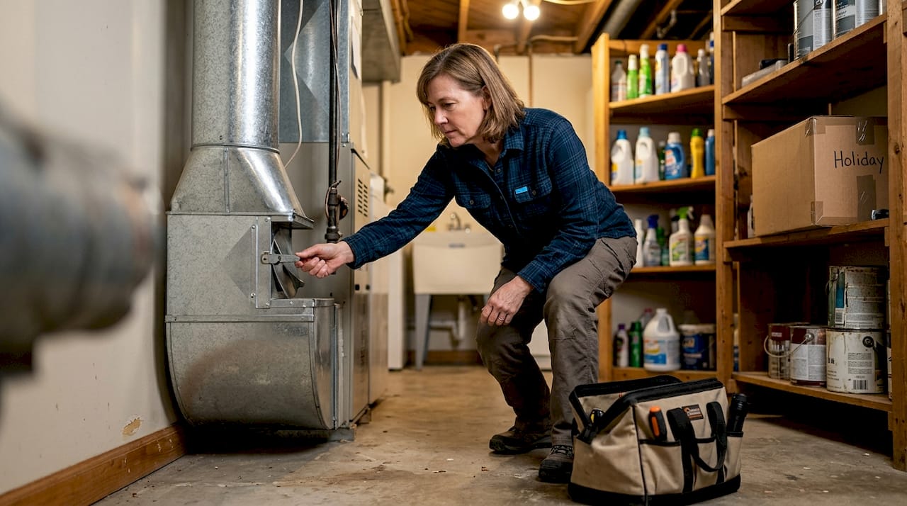 Homeowner inspecting HVAC ductwork dampers