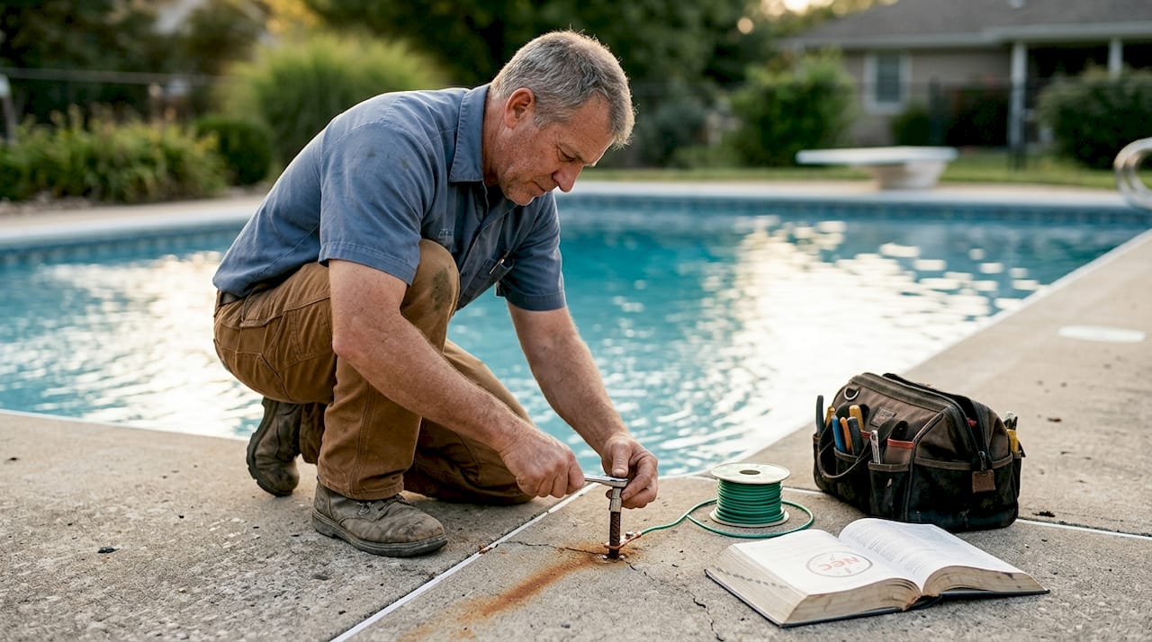 Pool wiring best practices: essential safety for Delaware homes 1 Technician demonstrates pool bonding and grounding