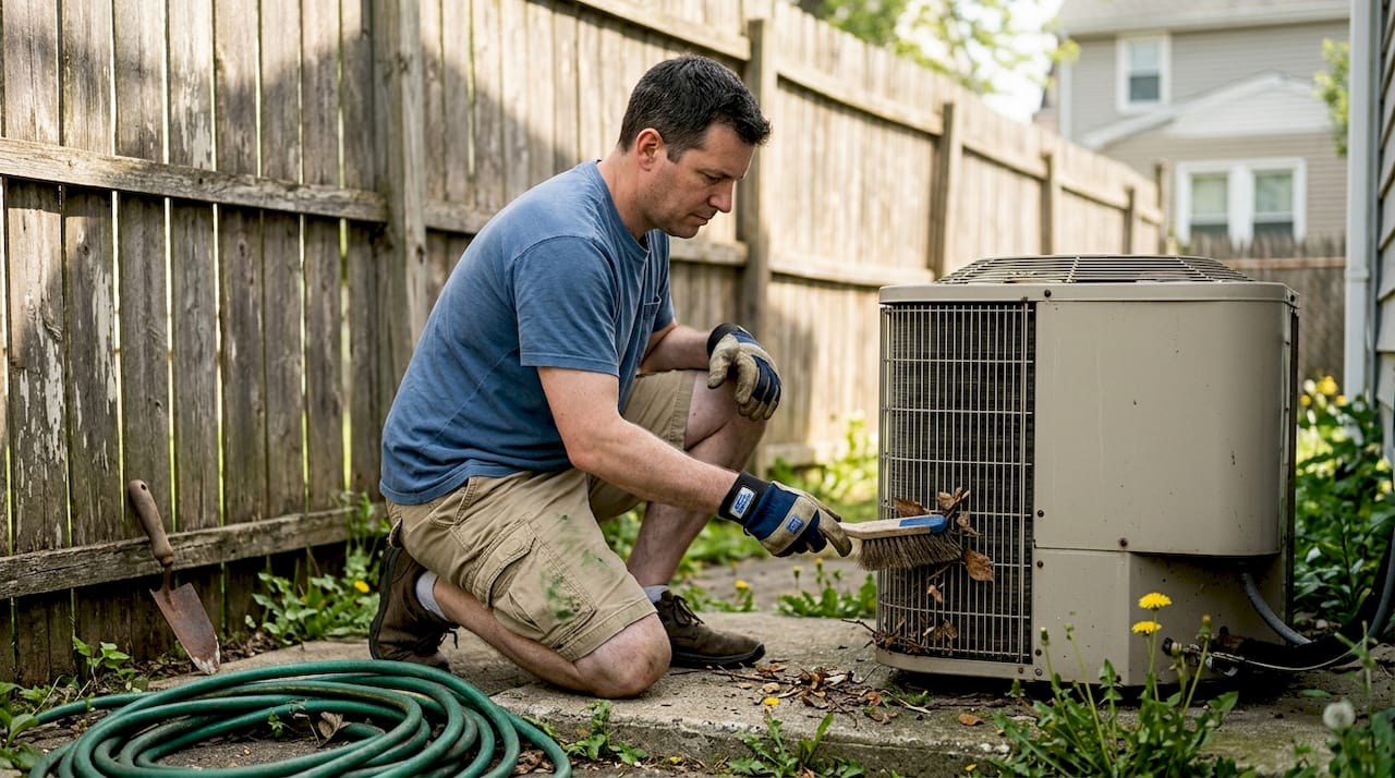 Man clears leaves from outdoor AC unit