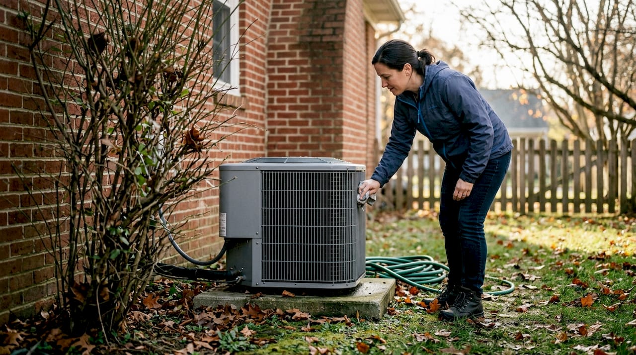 Woman performing outdoor heat pump maintenance