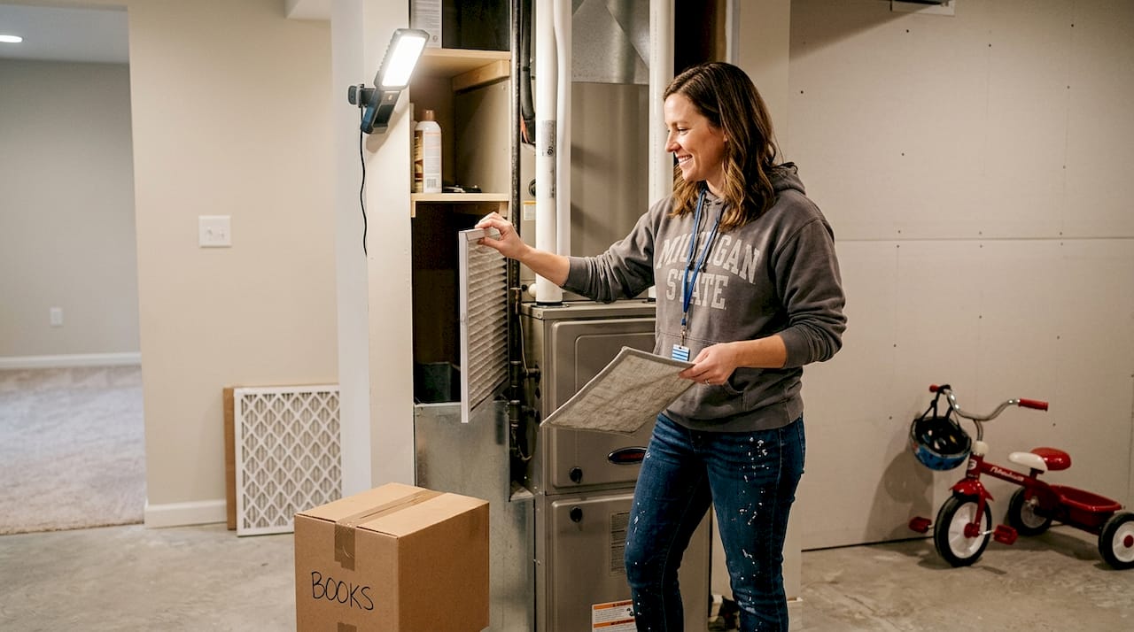 Homeowner inspecting furnace filter in basement
