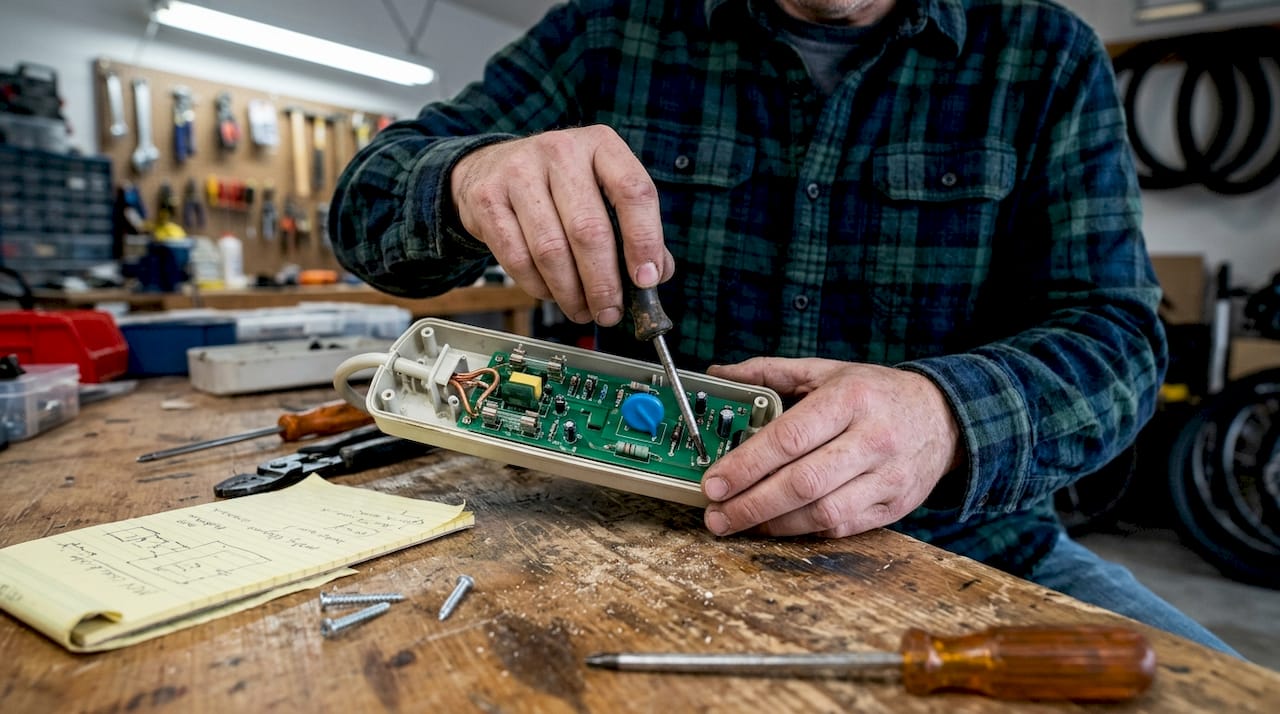 Electrician showing MOV inside surge protector