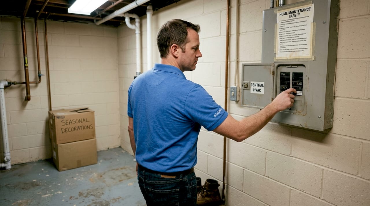 Person switching off HVAC breaker for safety