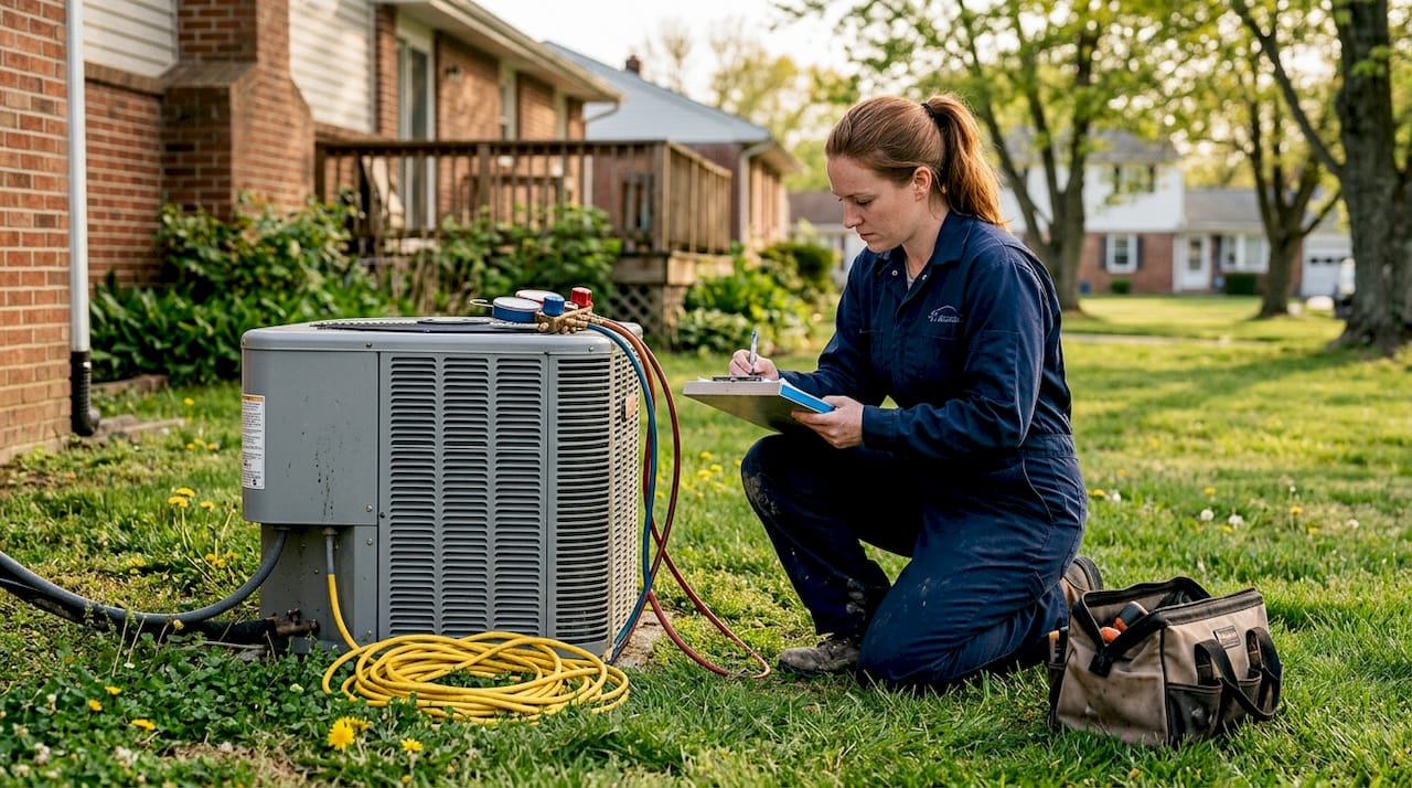 HVAC technician inspecting outdoor unit and checklist
