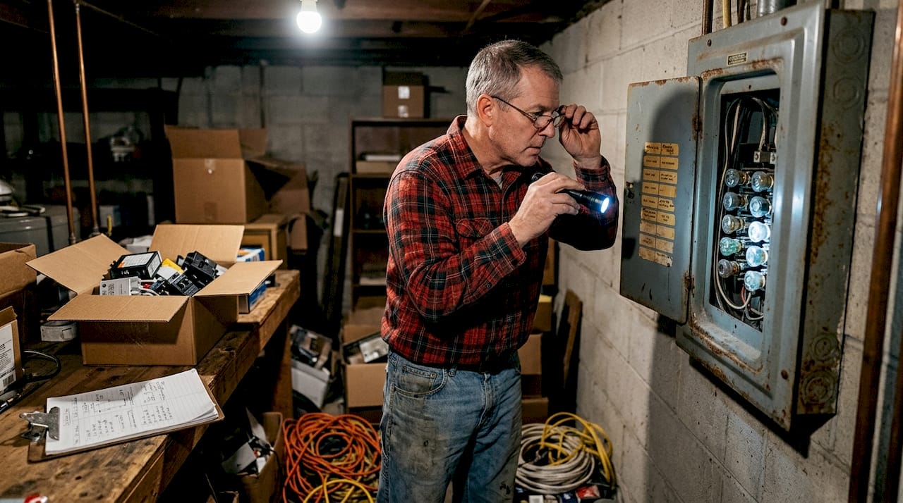 Electrician inspecting outdated electrical panel