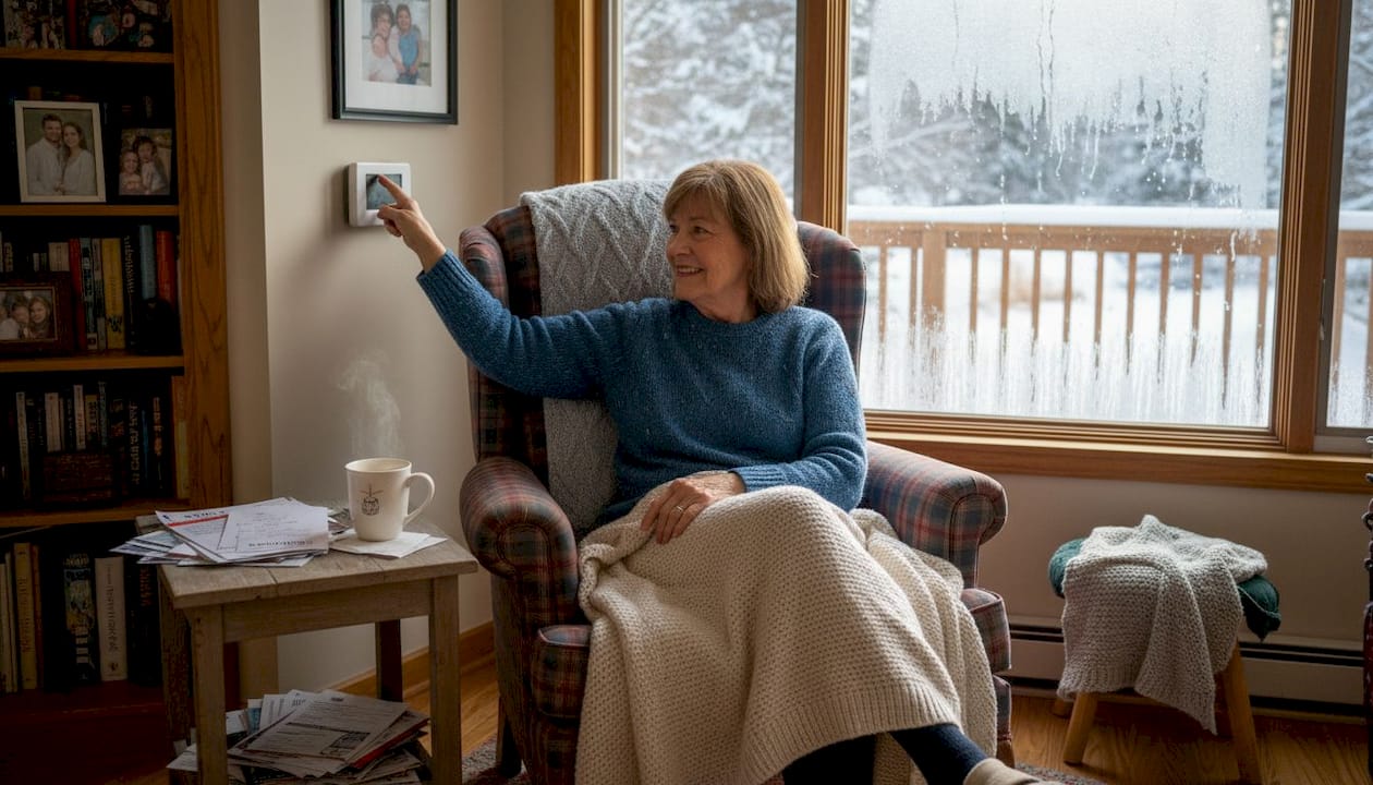 Woman checks thermostat in winter home