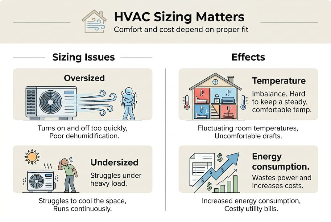 Infographic showing HVAC sizing effects