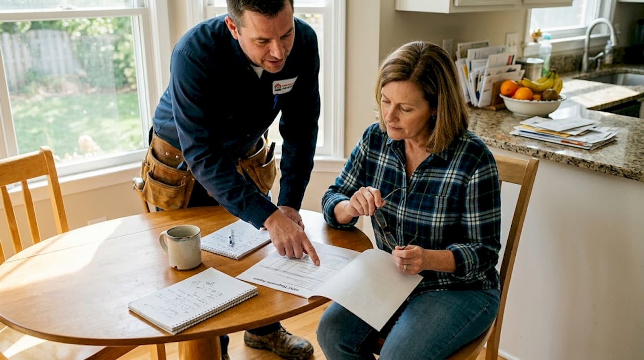 Homeowner reviews AC repair report with technician