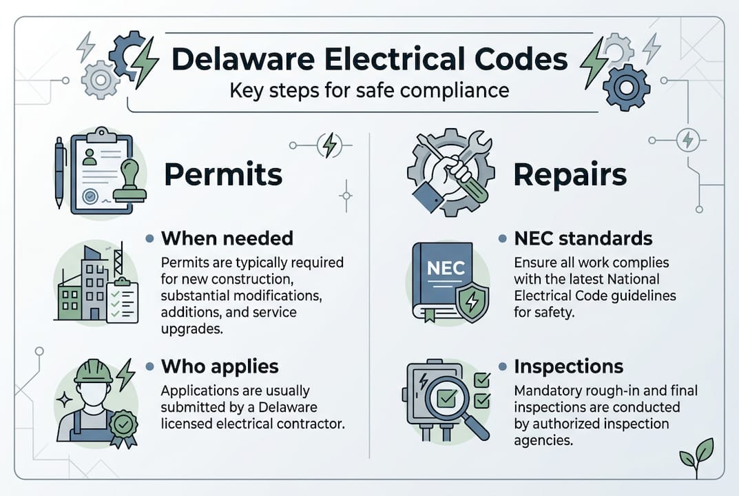 Delaware Electrical Repair Guide: Safe, Code-Compliant Solutions 1 Infographic with Delaware electrical code key points
