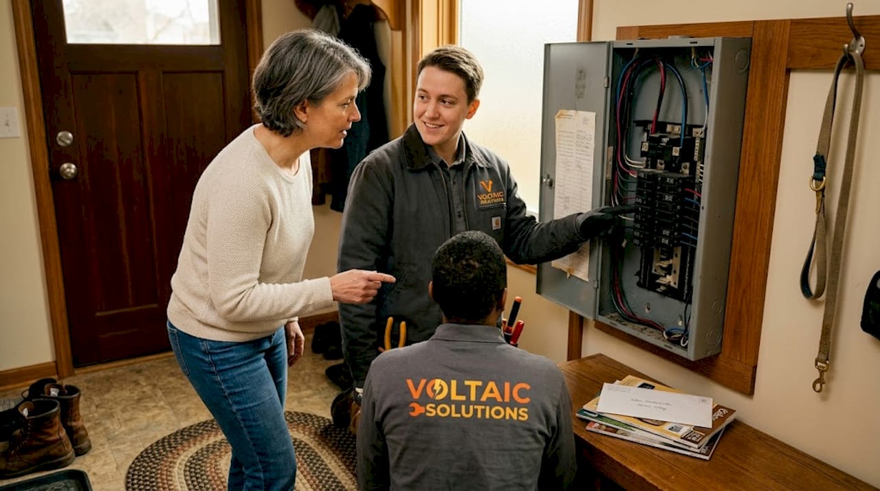 Essential electrical upgrades for safer, efficient Delaware homes 1 Homeowner and electrician reviewing panel wiring