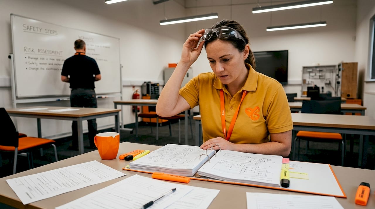 Electrician trainee studies risk assessment notes