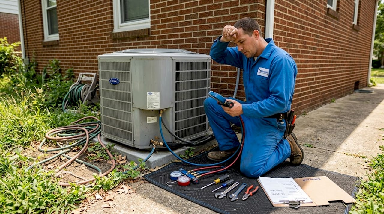 Technician servicing AC unit in Newark backyard