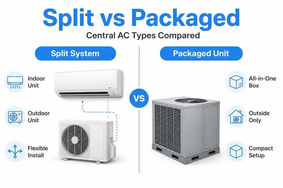 Infographic comparing split and packaged central AC units