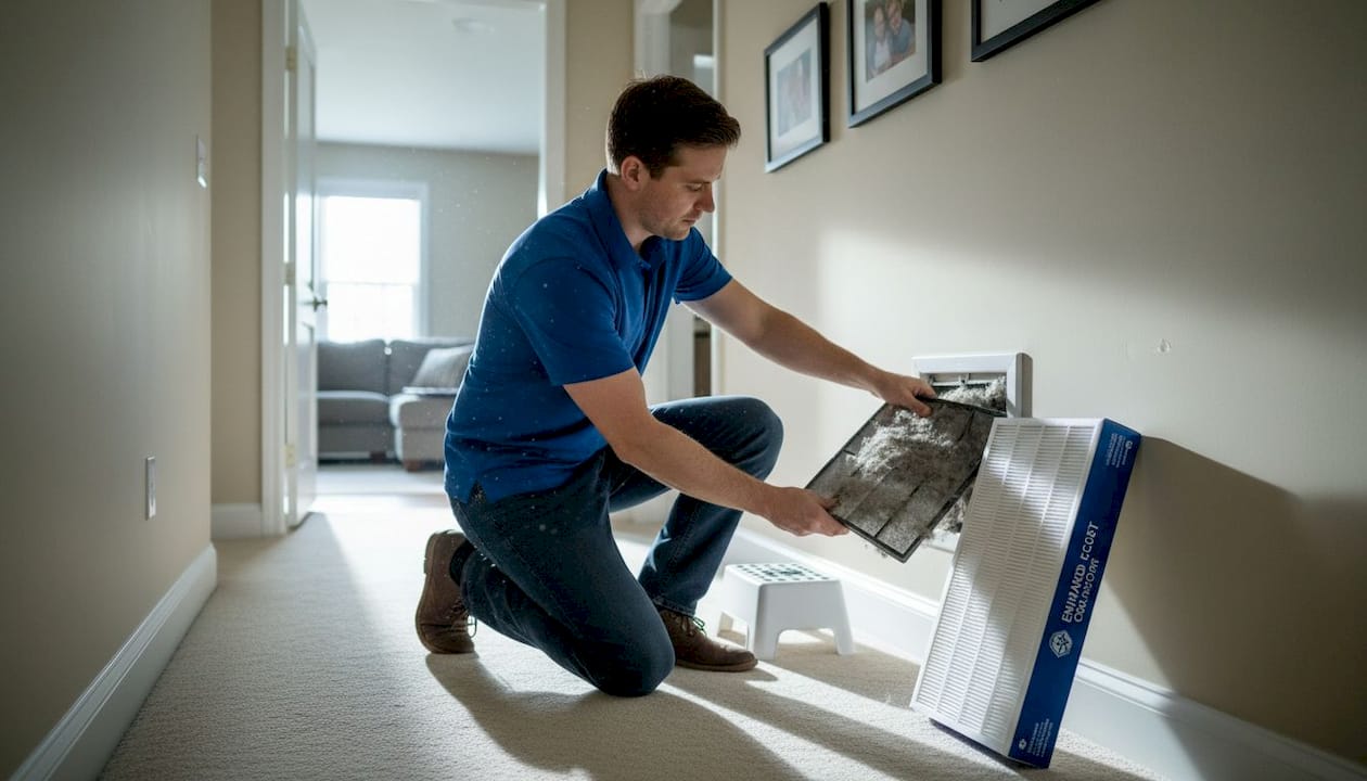 Homeowner changing dusty AC filter in hallway