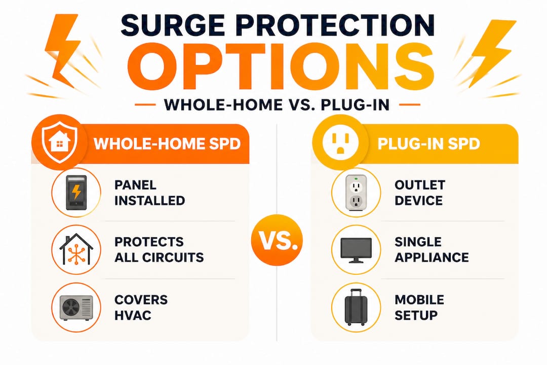 Infographic comparing whole-home and plug-in surge protection