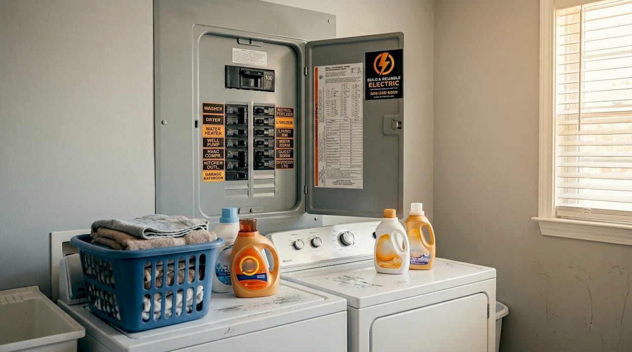 Electrical panel types: safety and efficiency guide for Delaware 1 Single-phase breaker panel in home laundry room