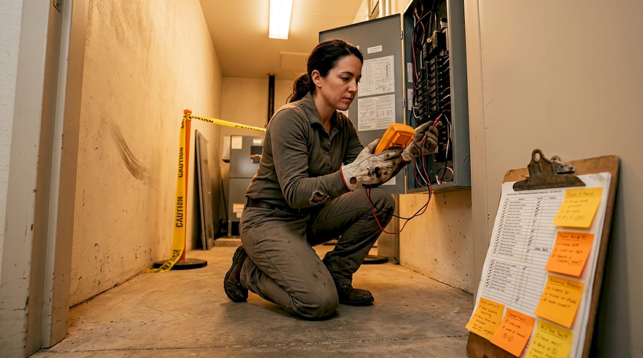 Electrician inspecting panel with checklist in hand