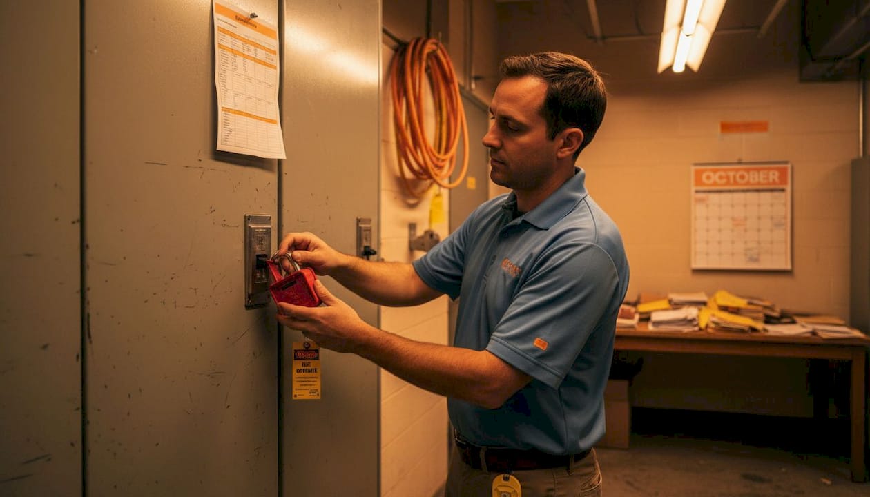 Technician applying lockout device at panel