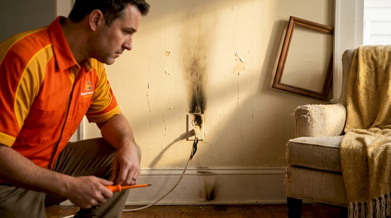 Why hire a professional electrician for safer repairs 1 Evidence of fire risk from faulty outlet and wiring